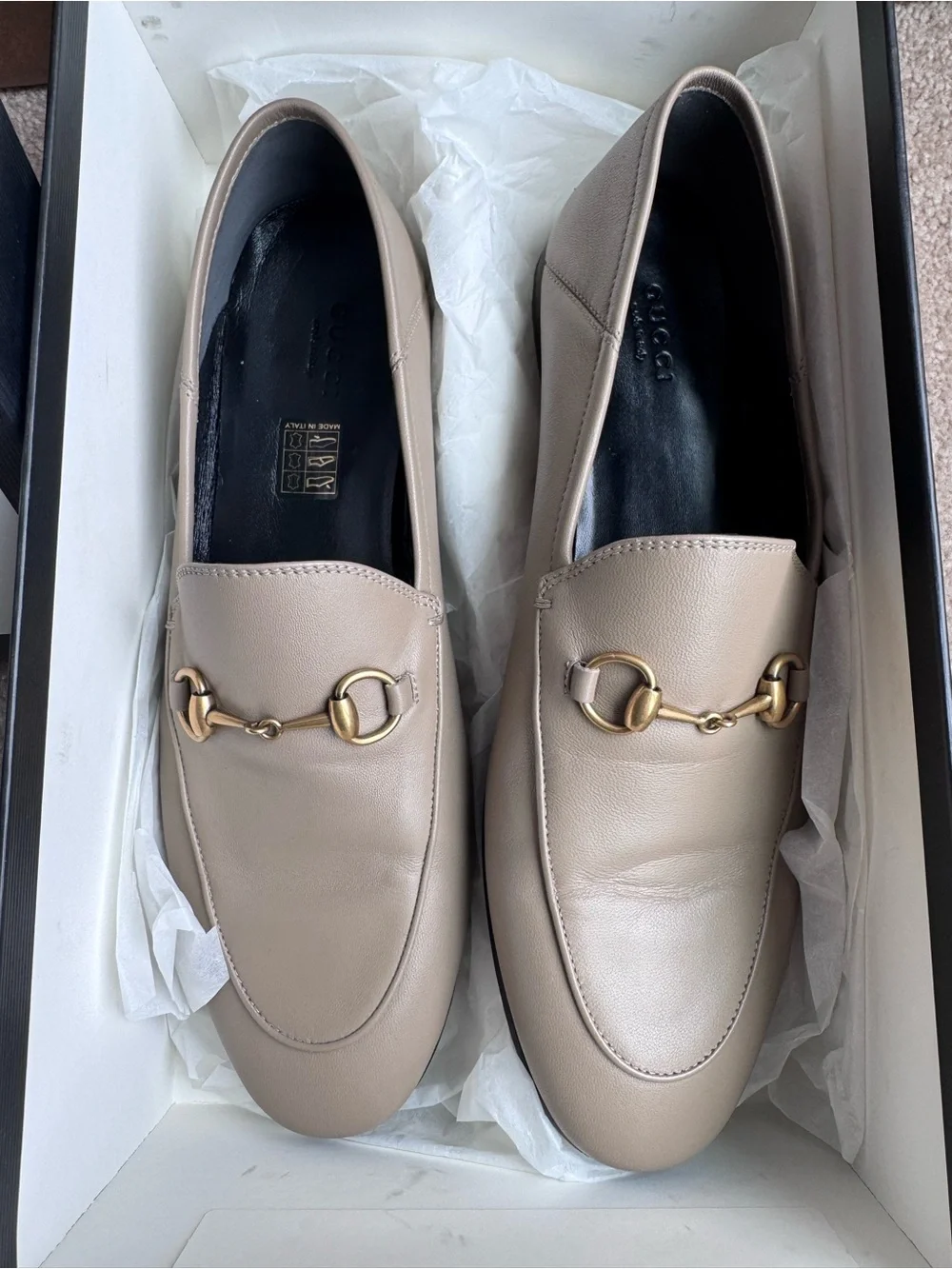 Gucci Brixton Leather Horsebit Loafers in the classic taupe/mud colorway. - Picture 1 of 14